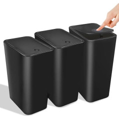 3 vonios kambario šiukšliadėžės su dangčiu, 10 l plastikinė vonios kambario šiukšliadėžė, moderni šiukšliadėžė miegamajam, virtuvei, biurui, tualetui (juoda)