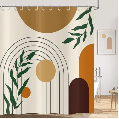Boho dušo užuolaida, vidurio amžiaus abstrakti žalia lapai arka saulė smėlio spalvos vonios užuolaida modernus minimalistinis geometrinis estetinis menas vandeniui atsparus audinys plaunamas vonios užuolaida 180 x 180 cm