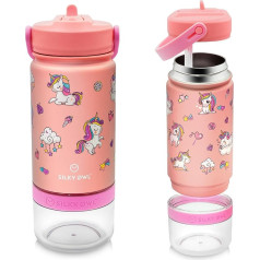 SILKY OWL Vaikiškas nerūdijančio plieno gertuvė 350 ml su šiaudeliu ir talpykla (laikymo talpykla) 120 ml - vaikiškas termosas nepralaidus vandeniui - be BPA - termosas berniukams / mergaitėms