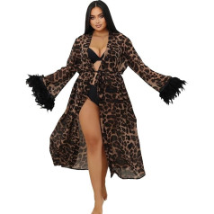 ohyeahlady Moterų seksualus Leopard Kimono Satino Erotinis ilgas apatinis trikotažas Chiffon Robe Sleepwear didelių dydžių Negligee chalatas su diržu Paplūdimio suknelė Bikini padengti