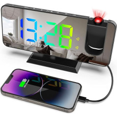 Projekcinis žadintuvas, skaitmeninis laikrodis su 180° pasukimu, 7,5 colio RGB spalvų ekranas, naktinis laikrodis, 7 lygių ryškumo reguliatorius, 5-60 minučių snaudimo laiko nustatymas, 12/24 val. žadintuvas miegamajam (juodas)
