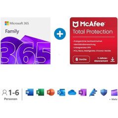 365 Family │ 1 metai │ bis zu 6 Personen │ Office Apps mit KI | bis zu 6 TB Cloudspeicher + McAfee Total Protection | 6 Geräte | Aktivierungscodes per E-Mail