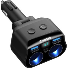 [Dual QC 3.0 & PD 20W] Cigaretės žiebtuvėlio USB dalytuvo adapterio dalytuvas, BOLTHO 12 V / 24 V automobilio įkroviklio dalytuvas, 2 krypčių lizdas, automobilinis įkroviklis su LED voltmetru, atskiras jungiklis