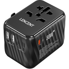 LENCENT universalus kelioninis adapteris, 30 W tarptautinis sieninis įkroviklis su 3 USB C+2 USB A greito įkrovimo jungtimis, pasaulinis kištukinis adapteris, skirtas kelionėms iš JAV į ES, JK, Airiją, Australiją, C/G/A/I tipo, juodas