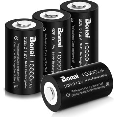 BONAI D baterija 10000 mAh mono D įkraunamos baterijos D didelės talpos D baterija NiMH 1,2 V D elementai Įkraunamos D baterijos su mažu savaiminiu išsikrovimu ir ilgu tarnavimo laiku (4 vnt.)