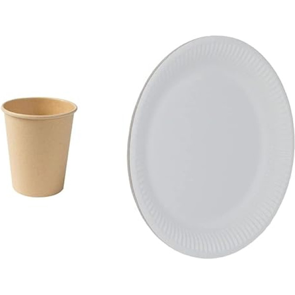 GREENBOX kompostuojami ekologiški vienkartiniai puodeliai I Pakuotė: 50 popierinių puodelių Coffee to Go, rudos spalvos, nebalinti, 200 ml, 8 oz & HEKU 30409: 100 popierinių lėkščių, baltos spalvos, apvalios, 23 cm skersmens, 100 % šviežio pluo