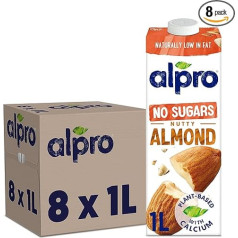 Alpro migdolų gėrimas be cukraus, 8 x 1 l, patvarus, kalcio ir vitaminų šaltinis, be cukraus, be glitimo, neriebus, be laktozės, veganiškas ir be pieno