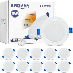EROMMY LED įleidžiamas prožektorius 230 V, 5 W LED taškinis 550 lm, nuolat reguliuojamo apšvietimo lubų prožektoriai, 3000 K/4000 K/6500 K įleidžiami prožektoriai, skersmuo 65-80 mm, lubų prožektorius LED IP44, skirtas
