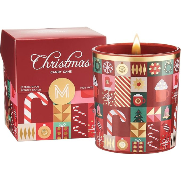 M&SENSE Candy Canes Apple & Coconut Scented Candles in Glass for Christmas 280 g 55 valandų degimo laikas Kalėdinės žvakės su medvilniniu dagčiu Švarios netoksiškos natūralaus sojų vaško žvakės SPA ir jogai