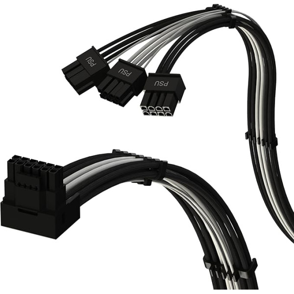 LINKUP - AVA PCIE 5.0 16 kontaktų (12+4) su stačiu kampu į 3x8 kontaktų | 16AWG apvalkalas | Suderinamas su RTX40 ir RTX30 FE | Tinka tik 