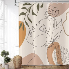 ASDCXZ Boho dušo užuolaida smėlio spalvos 180 x 200 cm, šiuolaikinio abstraktaus meno mergaitė su veidu gėlė žali lapai plaunama dušo užuolaida poliesterio tekstilės vandeniui atsparios dušo užuolaidos voniai su 12 kabliukų