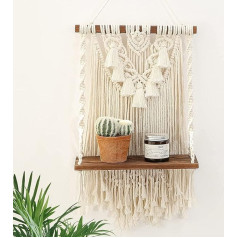 Dormitology Boho Macrame sieninė lentyna, 2 sluoksnių rankų darbo medinė plūduriuojanti lentyna, sienų apdaila, bohemiška lentyna balkonui, vonios kambariui, svetainei (vienas sluoksnis)