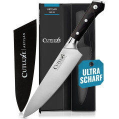 CUTLUXE Kochmesser - 20 cm Schneidemesser - rasiermesserscharfe Klinge aus deutschem Kohlenstoffstahl geschmiedet - Ergonomischer Griff Design - Artisan Serie