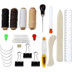 28 dalių knygų įrišimo įrankių rinkinys Didelės akys lenktos adatos Antpirštis žiedas Adatos sriegiklis Vaškuotas siūlas Clipper Bone Folder Paper Creaser Binder Clips Handle Awl Ruler for Handmade Books Bookbinding Suppli