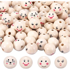 LEMLIT Smile Face Mediniai karoliukai, 100 medinių karoliukų su angelo veidu, kūrybiniai apvalūs karoliukai, mediniai karoliukai, natūralūs 20 mm su veiduku, 