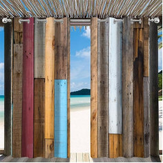 Hiseng Outdoor Vorhang Wetterfest mit Ösen 2er Set Balkon Holzmaserung Outdoorvorhänge Wasserdicht Blickdicht Vorhang Sonnenschutz Vorhänge für Terrasse Pavillon Garten (132x213cm,Blau)