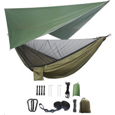YCD Camping Hammock Set, vienvietis dvigubas hamakas, tinklelis nuo uodų, tinklelis nuo vabzdžių, lietaus musė, didelio stiprumo parašiutinio audinio pakabinama lova, tinkama lauke, žygiams, stovyklavimui, kelionėms, žalia