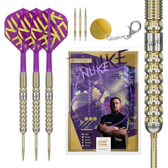 Target Darts Luke Littler Gen 1 Prodigy Swiss Point Steel Darts, 90% volframo strėlytės, 22G/23G/24G, Generation 1 Gold Steel Darts, Player Edition Swiss Points strėlių rinkiniai, K-Flex skrydžiai ir kotai