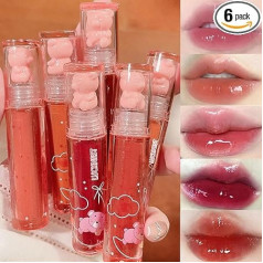 Bear Lip Glaze Liquid Lipstick Cute Bear Lip Gloss Moisturising Lip Stain Plumping Water Lip Gloss Waterproof Long Lasting Cheek Rouge Tint Cosmetics Pack of 6