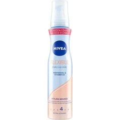 NIVEA Styling Mousse Flexible Curls&Care garbanojimo putos itin stiprios garbanojimo putos su vitaminu B3, garbanojimo putos suteikia blizgesio ir glotnumo, 4 x 150 ml