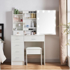 Saimeihome Tualetinis staliukas su apšvietimu, tualetinis staliukas su veidrodžiu, 3 spalvų apšvietimu, kosmetinis staliukas su 6 stalčiais, 6 lentynomis ir taburete miegamajame, vaikų kambaryje, 80 x 36 x 130 cm SA7D3