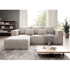 Easy4You Kampinė sofa su kreminėmis L formos juostelėmis - 255 cm - kampinė sofa su patalynės dėže ir miego funkcija - kampinė sofa su daiktadėže - kairė - audinys velvetas POSO 100