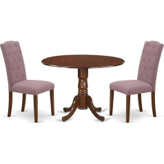 East West Furniture 3 dalių valgomojo komplektą sudaro nedidelis suapvalintas virtuvės stalas su nukritusiais lapais ir dvi raudonmedžio spalvos kėdės 
