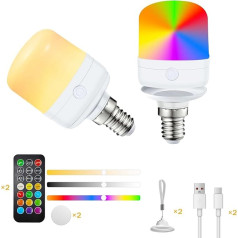 Pulsky USB-C įkraunama lemputė su nuotolinio valdymo pulteliu, E14 12 spalvų, reguliuojamo ryškumo RGB lemputė su baterija, 7 W baterijos lemputė su laikmačio funkcija, avarinė šviesa su magnetu (2 vnt.)