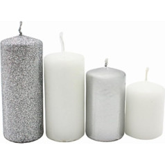 Daugiapakopės žvakės, advento žvakės, advento vainiko žvakės, sidabrinės ir baltos spalvos, 4 dydžiai, aukštis 5-10 cm, skersmuo 4 cm, 280 g
