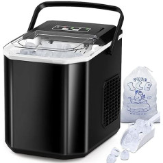FOOING Mini nešiojamas ledo kubelių aparatas, 12 kg/24 h, kompaktiškas ledo kubelių gaminimo aparatas, 6 minučių greito ledo gaminimo aparatas, savaime išsivalantis ledo gaminimo aparatas namams, 2 ledo dydžiai