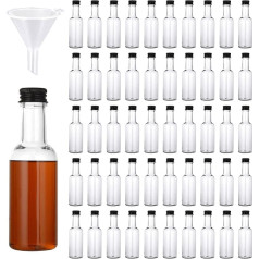 50 vnt. 50 ml likerio butelių, tušti plastikiniai buteliai su aliuminio dangteliu ir skaidriu piltuvėliu, daugkartinio naudojimo, skaidrūs, padažų ir likerio buteliai skysčiams laikyti