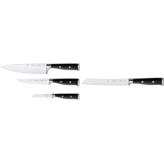 WMF Grand Class peilių rinkinys iš 3 dalių ir Grand Class duonos peilis dantytais ašmenimis 33 cm, pagamintas Vokietijoje, duonos peilis, kaltinis peilis, efektyvus pjaustymas, specialus plienas, geležtė 19 cm