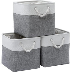 28 x 28 cm Cube Aufbewahrungsbehälter, 3 Pack große Stoff Aufbewahrungsbehälter mit Seilen, faltbare Aufbewahrungswürfel für Haus, Kleiderschrank, Kleidung, Spielzeug Organizer (Weiß & Grau)