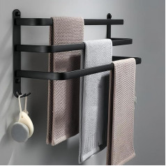 yozhch Schwarzer Handtuchhalter mit Haken, 3stöckiger Handtuchhalter, Wandmontage, Badezimmer-Handtuchhalter, nagelfreie Klebstoffe/Bohrinstallation, Aluminium