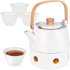 Porcelianinis arbatos servizas su šildytuvu ir sieteliu, 850 ml arbatos servizas su 4 puodeliais biriai arbatai ir 1 puodeliu arbatinukui, arbatos puodelis popietinei arbatai, namų dekoravimui, restoranui, arbatos vakarėliui (baltas)
