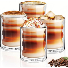 4 dvigubų sienelių stiklinių kavos puodelių ir puodelių rinkinys 200 ml izoliuoti Latte stiklinės Cappuccino Latte Macchiato stiklinės Atsparūs karščiui dvigubo sluoksnio stikliniai kavos puodeliai skaidrūs