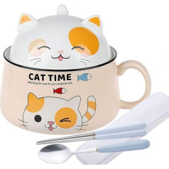 lachineuse - Ramen Bowl Kawaii Cat su dangteliu - Cat Time Ramen Bowl 1020 ml - Makaronų sriubos dubenėlis - Makaronų dubenėlis - Grūdų dubenėliai su rankena - Geltonos spalvos