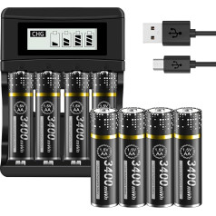 8 AA baterijų pakuotė su įkrovikliu - 1,5 V / ličio 3400 mWh AA baterijos įkraunamos su LCD ekranu Greitieji įkrovikliai Akumuliatoriaus įkroviklis 4 lizdai ličio jonų 