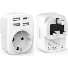 2 kelioninių adapterių pakuotė JK adapteris Anglija Vokietija kištukas su 1 x kintamosios srovės ir 1 x USB-C ir 3 x USB-A (3,4 A), kelioninis G tipo kištukinis lizdas, Jungtinės Karalystės ir Vokietijos ES kištukinio lizdo adapteris Anglijai, Š