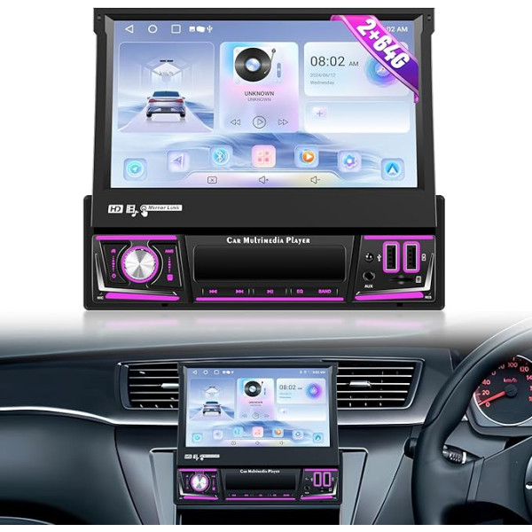 NHOPEEW 2+64G Android 1-DIN Autoradio mit klappbarem Bildschirm - CarPlay & Android Auto Radio mit Unterstützung für WiFi, GPS, DSP, FM, RDS, Lenkradsteuerung + Rückfahrkamera