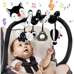 Kūdikių vežimėlio žaislas, kūdikių veiklos spiralinis žaislas su muzika, kabantis pliušinis juodai baltas kontrastinis žaislas lovytėms / automobilio sėdynėms, naujagimio dovana 0 3 6 12 mėnesių