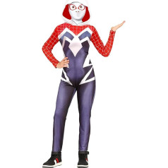 FIESTAS GUIRCA Mysteriose Superheroine - raudonos ir juodos spalvų superherojaus kombinezonas su voratinkliu ir gobtuvu - karnavalinis kostiumas mergaitėms