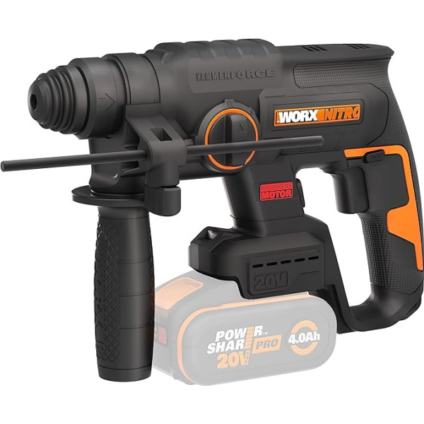 WORX NITRO WX381.9 Akumuliatorinis 20 V bešepetėlinis variklis - daugiafunkcinis įrankis, skirtas gręžti, gręžti plaktuku ir kalti - patogus dėl antivibracinio ir ergonomiško dizaino - be akumuliatoriaus