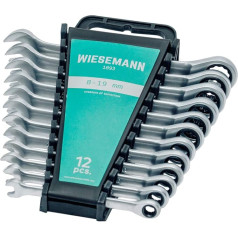 WIESEMANN 1893 raktų su reketiniu veržliarakčiu rinkinys 12 dalių 8-19 mm su 72 dantukais I Raktas su reketiniu veržliarakčiu iš Q-30 chromuoto plieno I su laikikliu I 81567