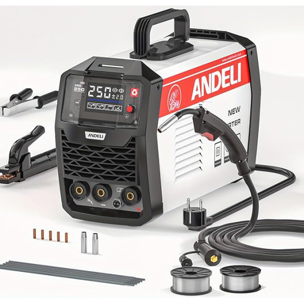 ANDELI MIG suvirinimo aparatas 120 Amperų, 220 V MIG suvirinimo aparatas Flux MIG/Lift Tig/Stick 3-in-1 daugiaprocesis lituoklis MIG suvirinimas be dujų Flux suvirinimas MIG-250ME LED