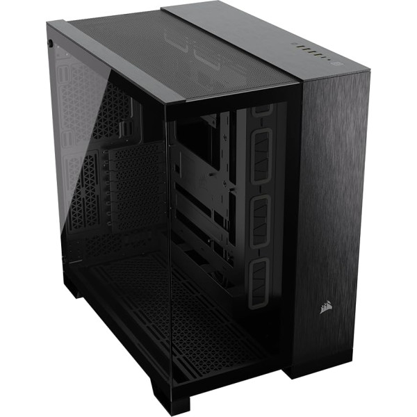 CORSAIR 6500X Mid-Tower ATX dviejų kamerų kompiuterio korpusas - grūdintas panoraminis stiklas - suderinama su atvirkštinio jungimo pagrindine plokšte - nėra ventiliatorių - juoda/obsidianinė aliuminio spalva