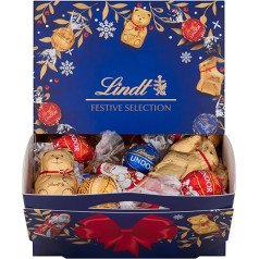 Lindt šokolado kalėdinė dalijimosi dėžutė | 690g | 10 x mini Kalėdų senelis, 10 x mini elniukas, 10 x mini meškiukas, 10 x LINDOR 45%, pieno, baltas | Kalėdinė dovana | Didelė pakuotė