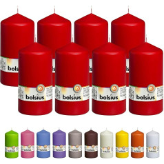 Bolsius Smooth Pillar Candles - Raudonos spalvos - 8 vnt., 15 x 8 cm - Dekoratyvinės buitinės žvakės - Degimo trukmė 65 valandos - Nekvepiančios