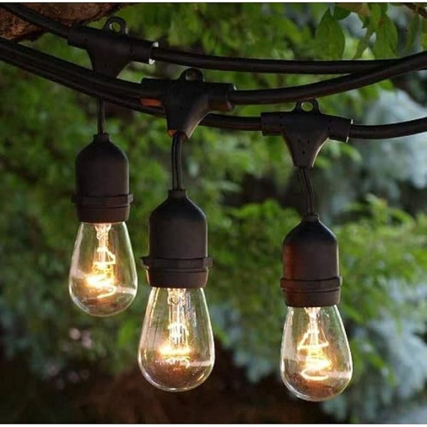 LPGLed | Amerikietiški LED žibintai - 10 m 230V - juodas kabelis su 20 žemyn vedančių E27 lempučių - LED žibintai šalims ir šventėms - dekoravimo ir sodo apšvietimo žibintai (juoda)