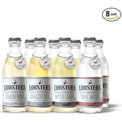 Lobsteriai - 4 rūšių degustacinis rinkinys, 8 x 0,2 l - 2 x tonizuotas vanduo, 2 x karčioji citrina, 2 x imbierinis alus, 2 x citrininė mėta - su sumažintu cukraus kiekiu ir natūralus, degustacinė 200 ml butelių pakuotė su įvairiais skoniais